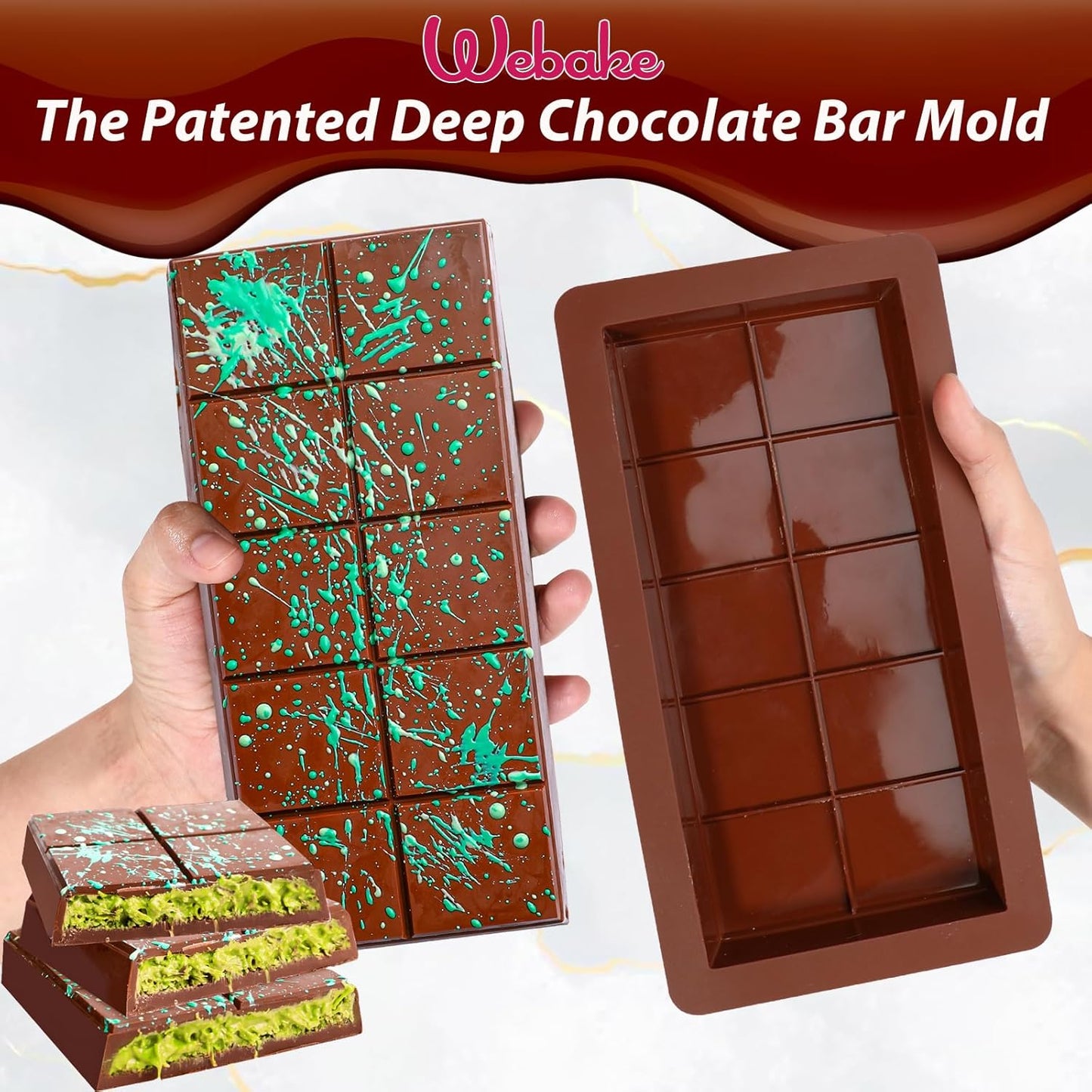 Webake The Original Deep Chocolate Bar Molds 2 Pack, 1 Inch Deep Large and Thick Silicone Chocolate Bar Molds for Stuffed Bar, Big Chocolate Candy Bar Mold for Filling Knafeh Pistachio Chocolate Bar