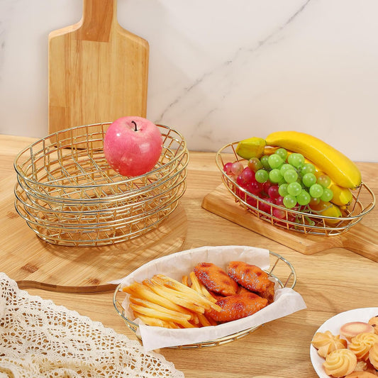 Tioncy 6 Pcs Chrome Oval Metal Wire Baskets 9.5 x 6.2 x 2.2 Inch Bread Serving Decorative Sandwich Container Christmas Party Fast Food Basket for Fruit Burger Kitchen Restaurant(Gold)