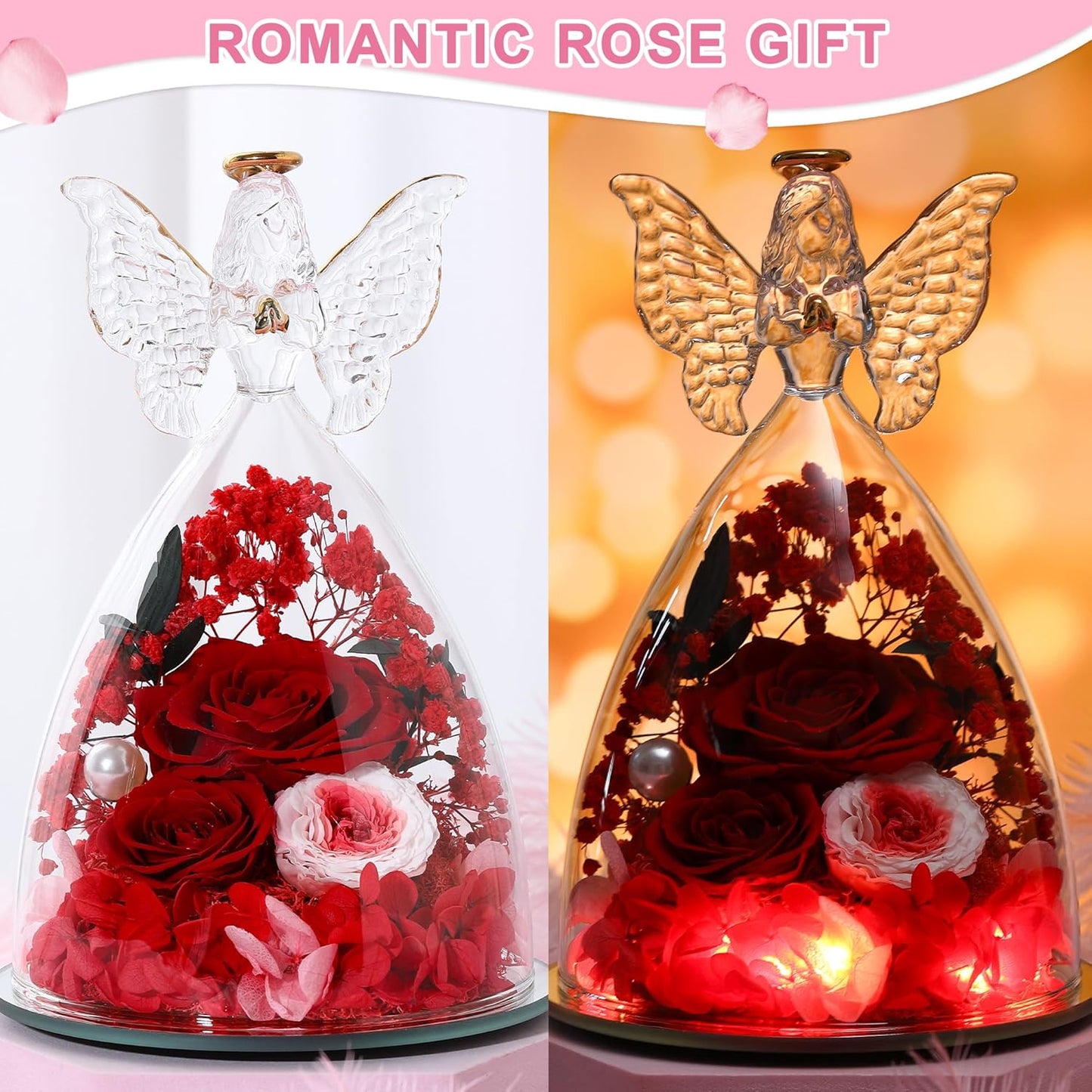 Christmas Rose Gifts for Women Preserved Real Flower in Glass Angel Figurines Roses for Delivery Prime Birthday Gifts for Mom Grandma Girlfriend Wife Her,Red Pink Austin Roses