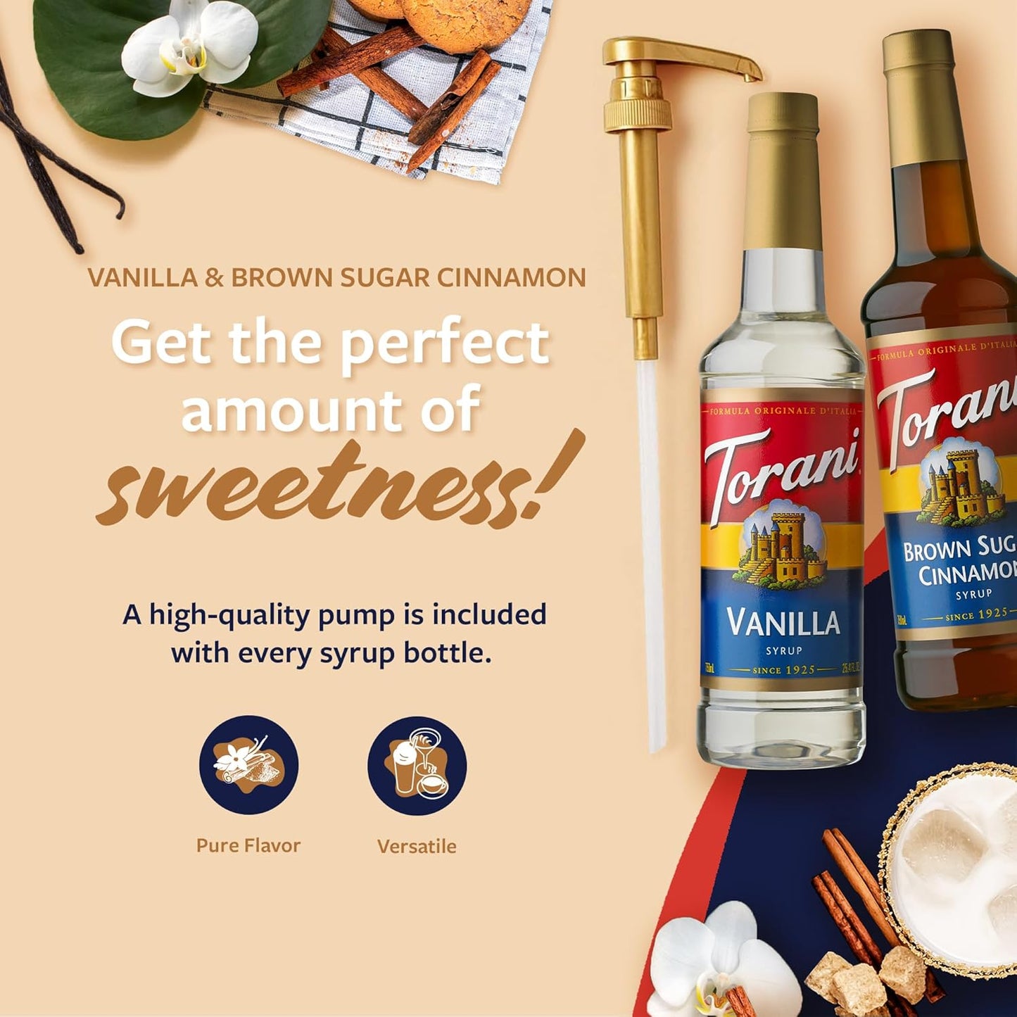 Torani Syrups, Brown Sugar Cinnamon and Vanilla Syrup Variety 2-Pack, Coffee Syrups for Drinks, Pumps Included, 25.4 Fl Oz Ea