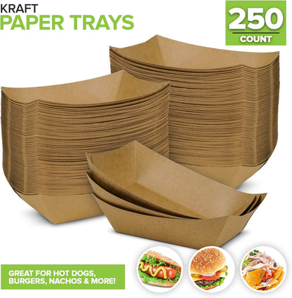 [250 Pack] Large Disposable Brown Kraft Paper Food Trays, 2-Lb Concession Tray, Serving Boats for Party Snacks, Taco Bar, Seafood, Nachos Plates