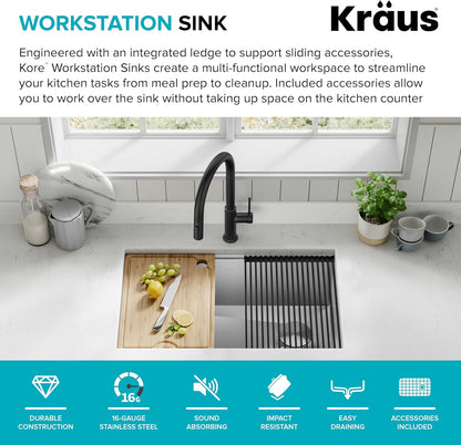 KRAUS Kore Workstation 30-inch Undermount 16 Gauge Stainless Steel Kitchen Sink, Single Bowl Kitchen Sink with Accessories, KWU110-30