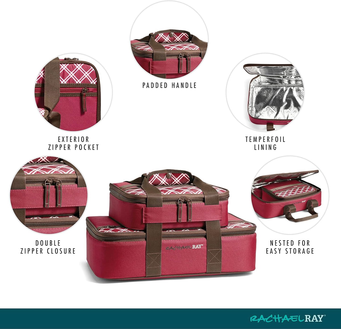Rachael Ray Lugger Duo, Insulated Casserole Carrier for Hot or Cold Food, Thermal Lasanga Lugger Tote for Pockluck, Parties, Picnic, and Cookouts, Fits 9" x 13" Baking Dish, Burgundy