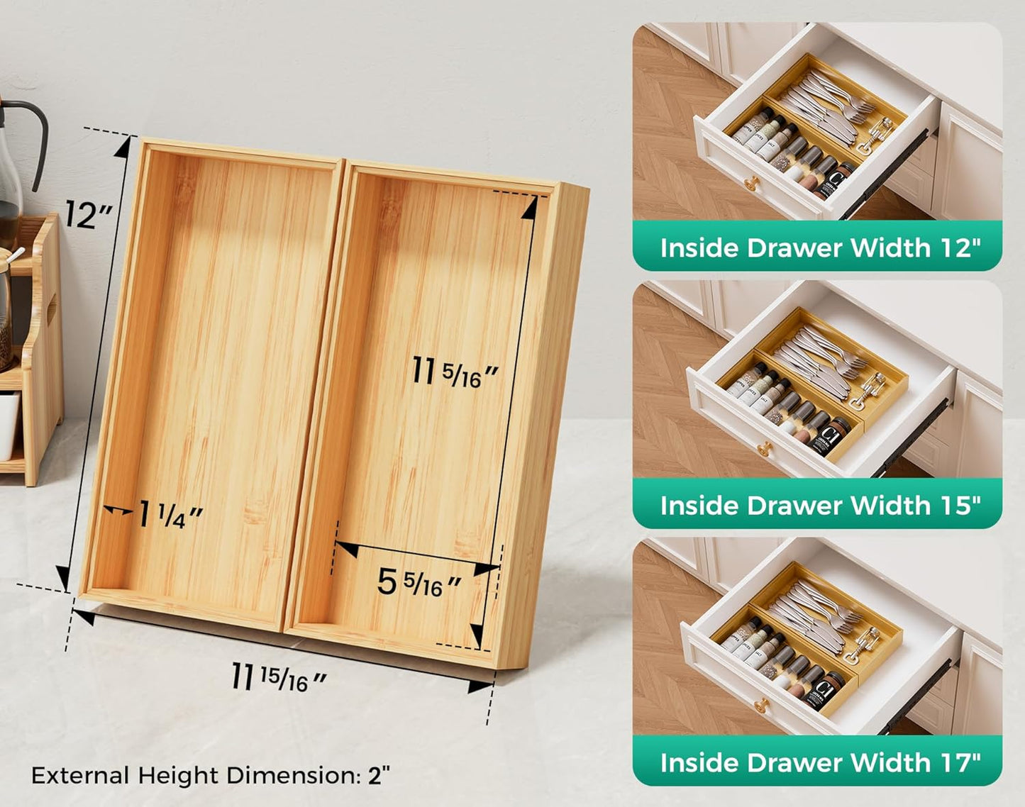Bamboo Kitchen Drawer Organizer Boxes – Stackable Wood Silverware Utensil Tray for Drawers Bins, Cutlery & Flatware Storage – Wooden Organizers Set of 2, 12" x 6" x 2" for Junk Drawer, Bathroom, RV