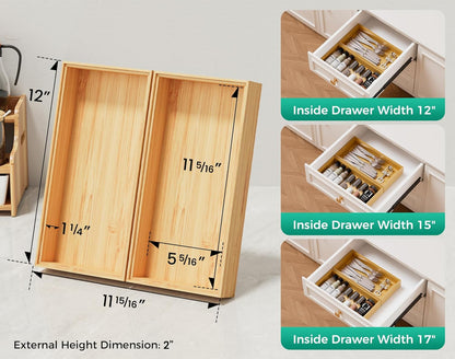 Bamboo Kitchen Drawer Organizer Boxes – Stackable Wood Silverware Utensil Tray for Drawers Bins, Cutlery & Flatware Storage – Wooden Organizers Set of 2, 12" x 6" x 2" for Junk Drawer, Bathroom, RV