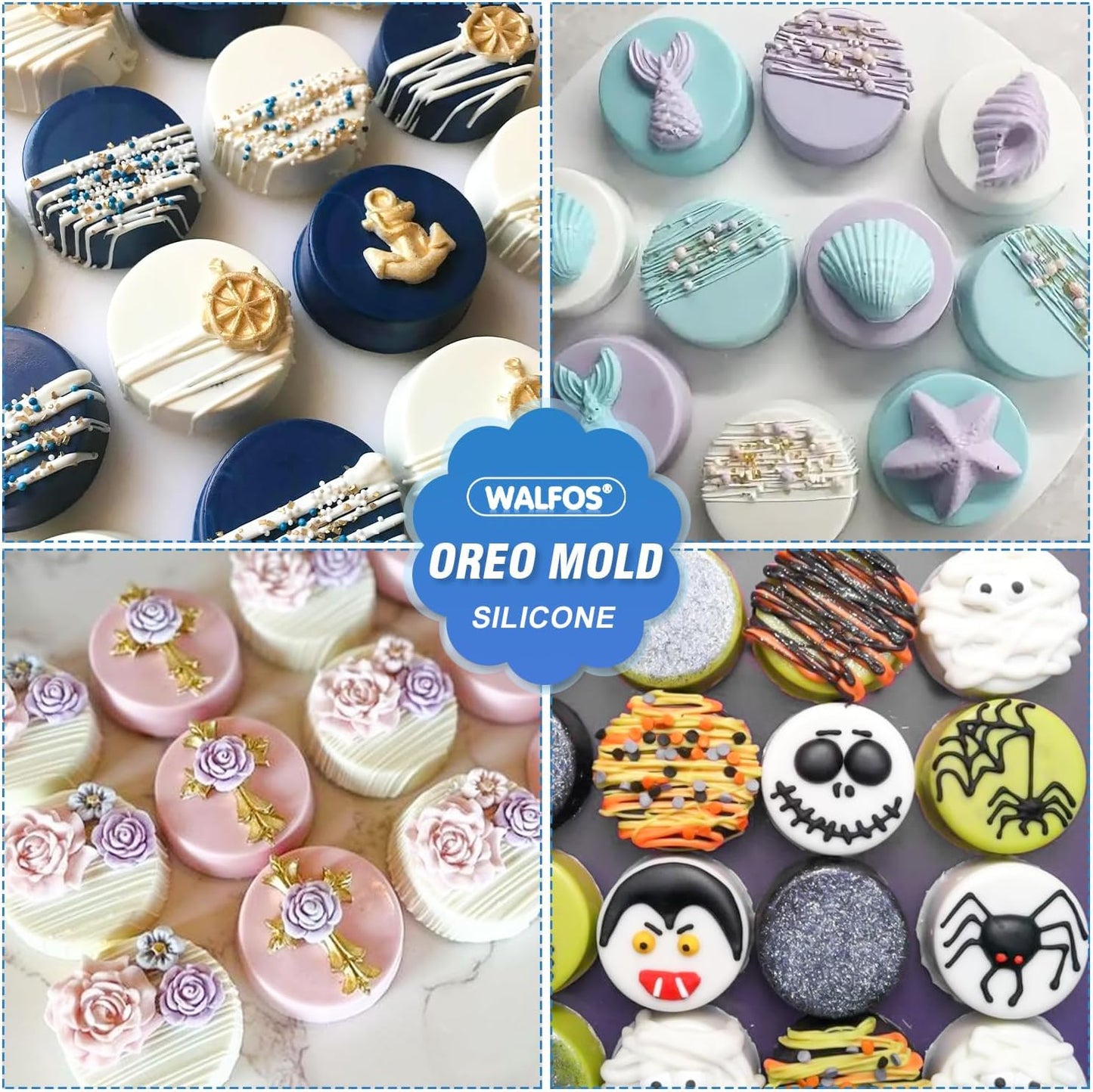 Walfos Oreo Molds Silicone, Non-Stick Round Chocolate Covered Oreos Mold for Candy, Cookies, Pudding, Soap, Jello, Set of 4 (Blue/Green)