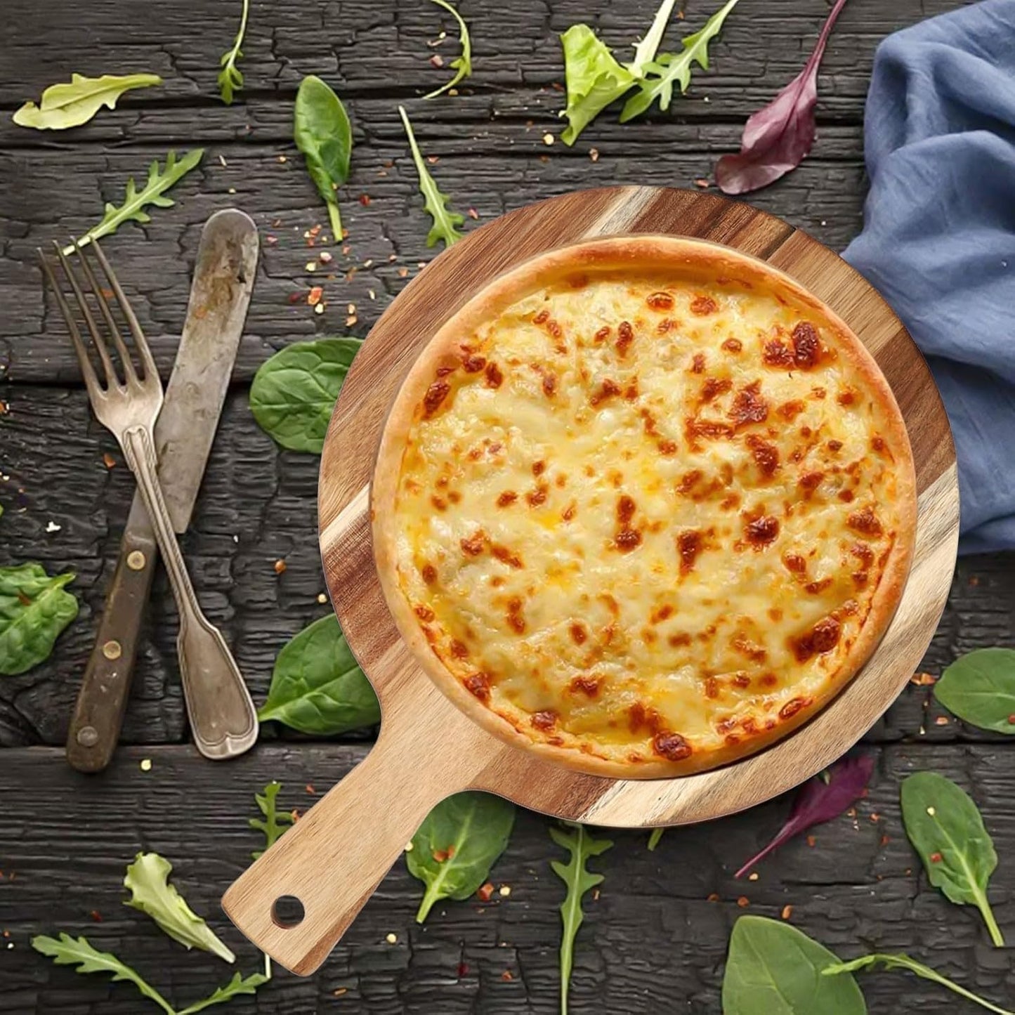 Acacia Wood Round Cutting Board with Handle - Wooden Charcuterie Board, Round 16"x12", Meat Chopping Board Bread Serving Cheese Platter Big Pizza Cutting Boards