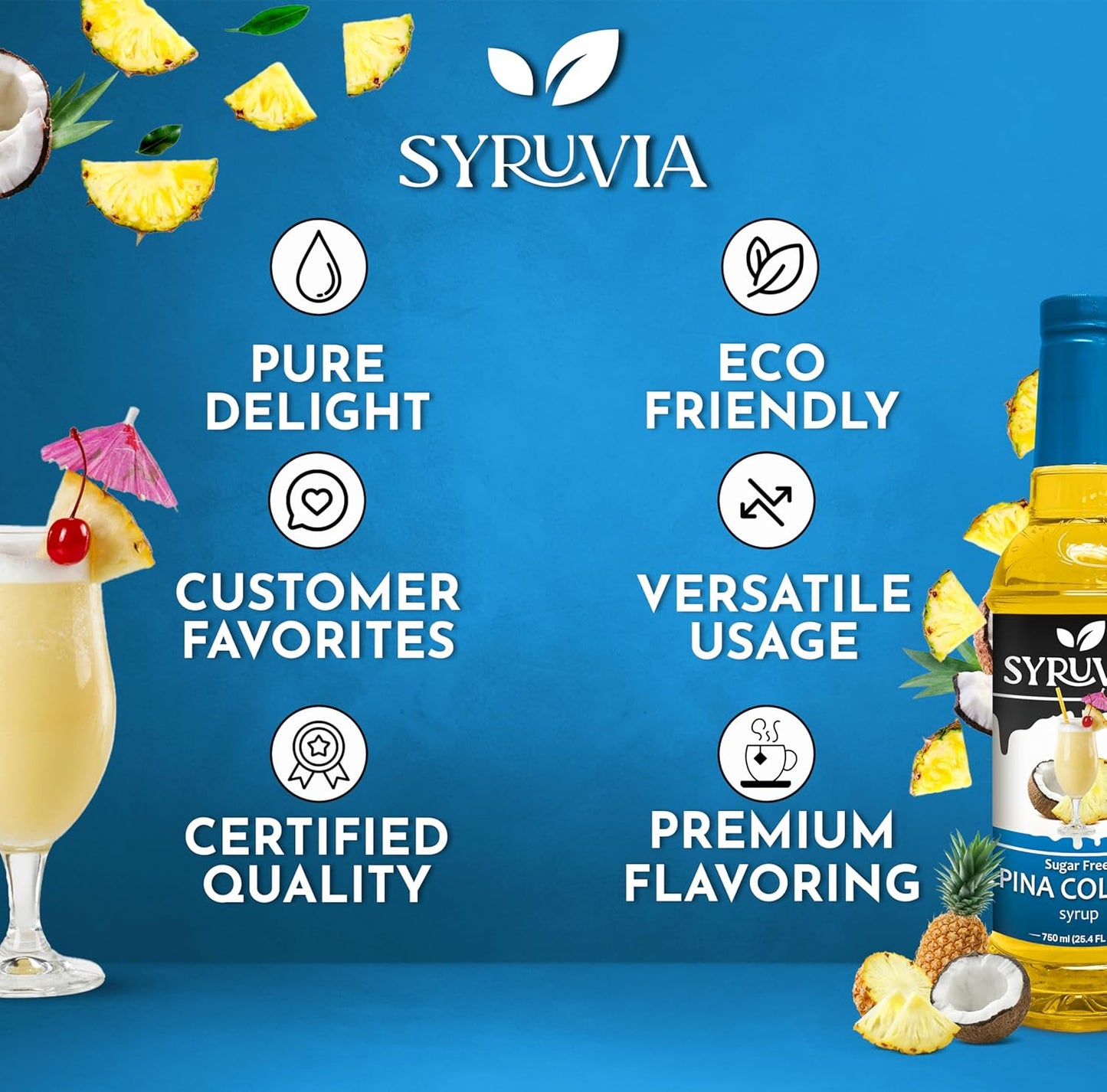 Syruvia Sugar Free Pina Colada Syrup, Flavored Syrup for Cocktails, Drinks, Lemonades, Iced Teas, and Desserts – 25.4 fl oz