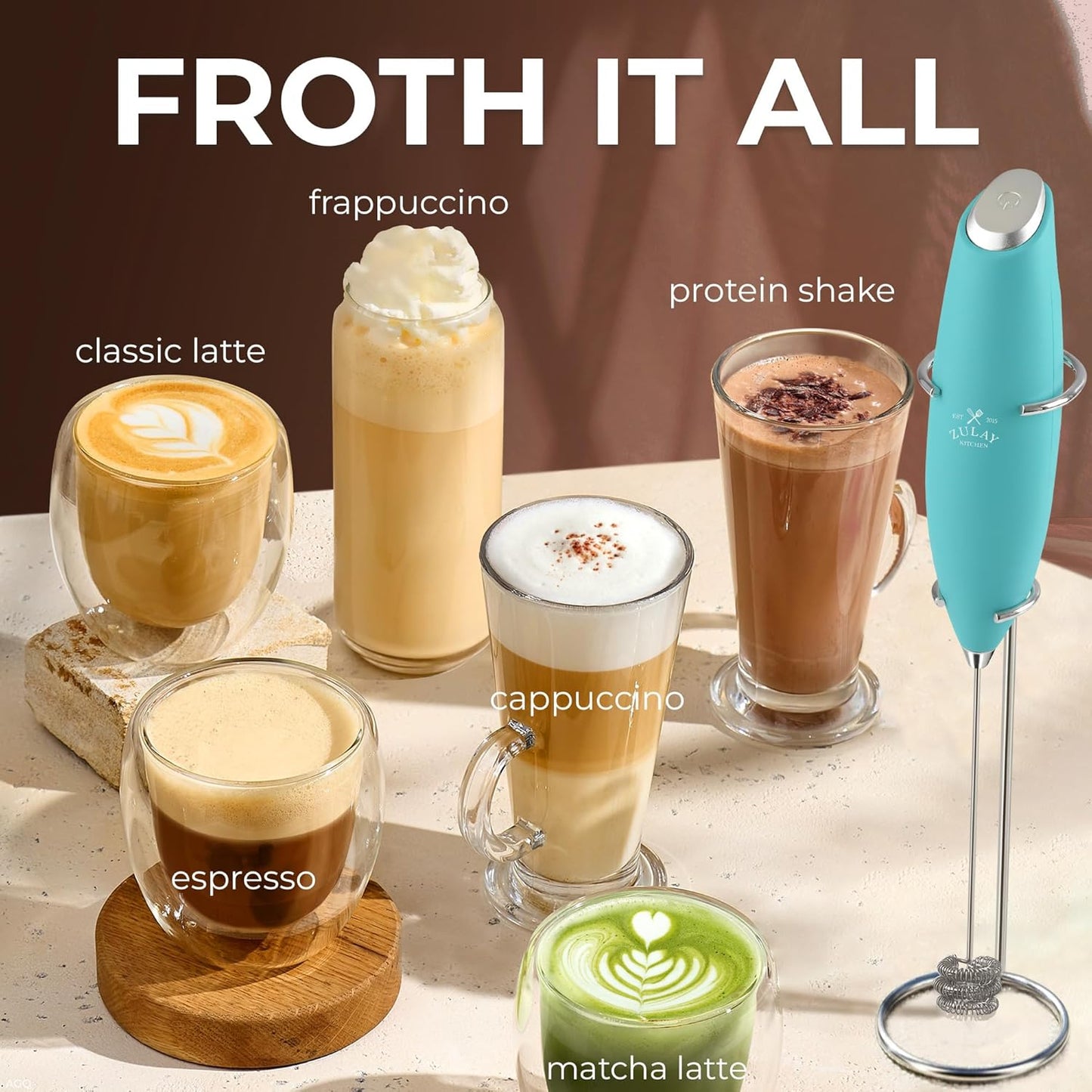 Zulay Kitchen Patented Tornado Triple Whisk Milk Frother with 4 Duracell Batteries – Handheld Foam Maker for Coffee, Lattes, Matcha & Hot Chocolate – Rich, Creamy Froth in Seconds