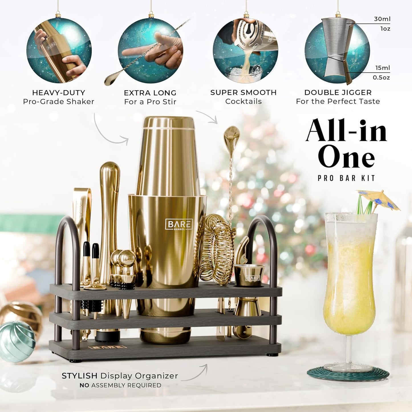 BARE BARREL® Mixology Bartender Kit Bar Set | 14-Piece Cocktail Shaker Set | Martini Barware Mixing Tools for Home Bartending | 35 Recipe Cards | Gift Set (28oz Boston Shaker, Gold/Black)