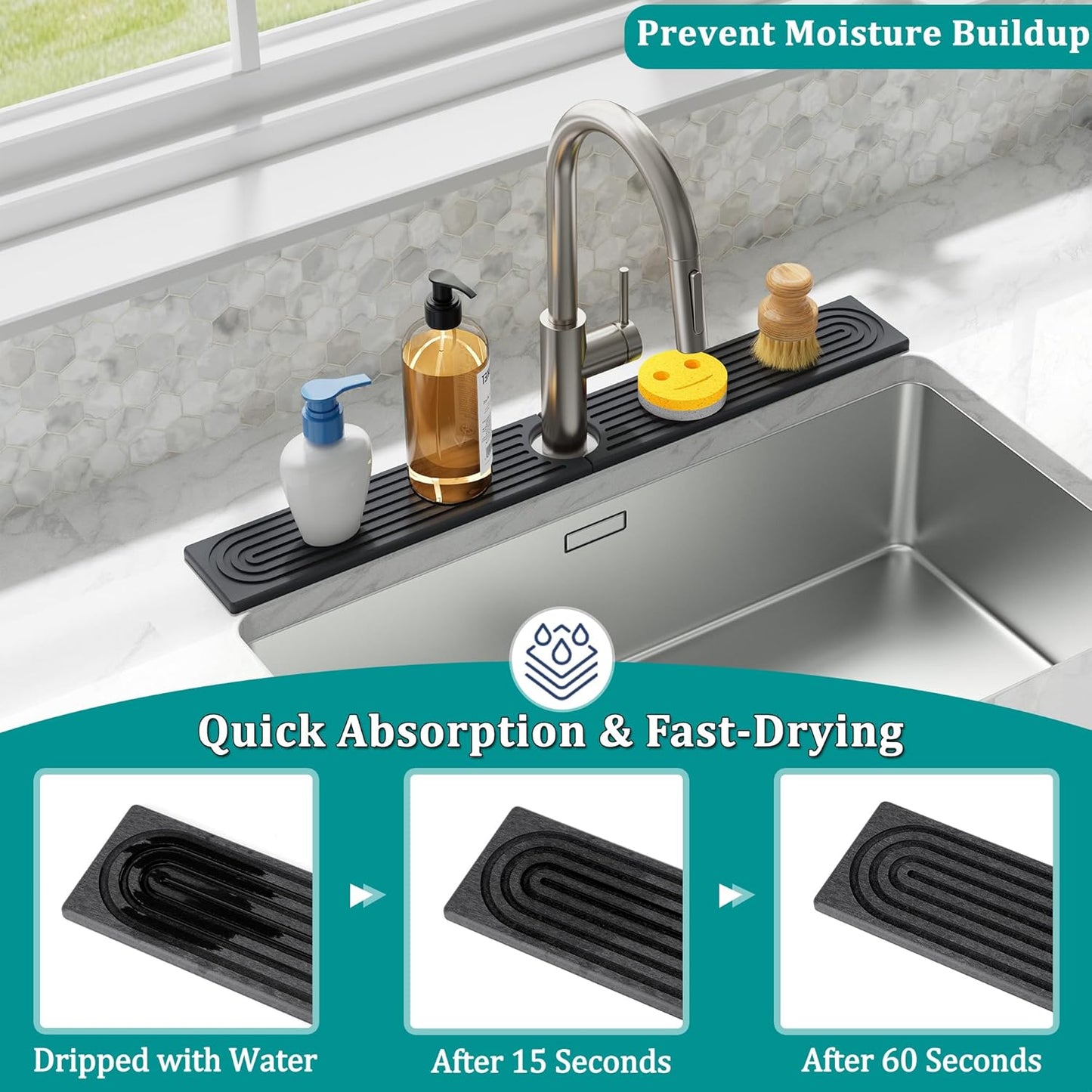 Stone Faucet Mat for Kitchen Sink - Quick Dry Diatomite Sink Splash Guard, Prevents Moisture Buildup & Water Stains, Water Absorbing Stone Tray for Bathroom Countertop (Dark Gray, 23.6" x 4")