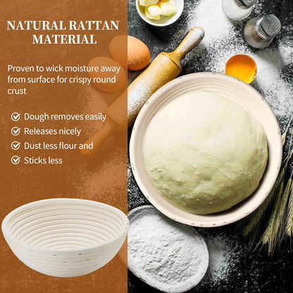 Banneton Bread Proofing Basket Banneton Basket Set Sourdough Proofing Basket Round Proofing Bowls Handmade Rattan Baskets and Liners (Round 9 inch Baking Set)