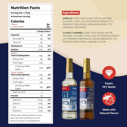 Torani Syrups, Classic Caramel and Vanilla Syrup Variety 2-Pack, Coffee Syrups for Drinks, Pumps Included, 25.4 Fl Oz Ea