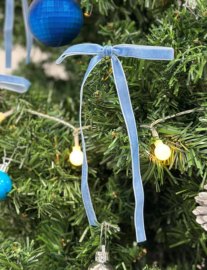 SIMISI RIBBON 24Pcs Light Blue Christmas Velvet Ribbon Bows Decorations Xmas Ornaments Vintage Decor for Tree, Wreath, Garland (3/8'' Width, 5 * 7 inch)