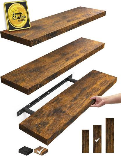 BAYKA Floating Shelves for Wall, 22.5 Inch Rustic Wood Wall Mounted Shelving for Bathroom, Bedroom, Living Room, Kitchen & Book, Hanging Display Decor Shelf with 22 lbs (Rustic Brown,Set of 3)