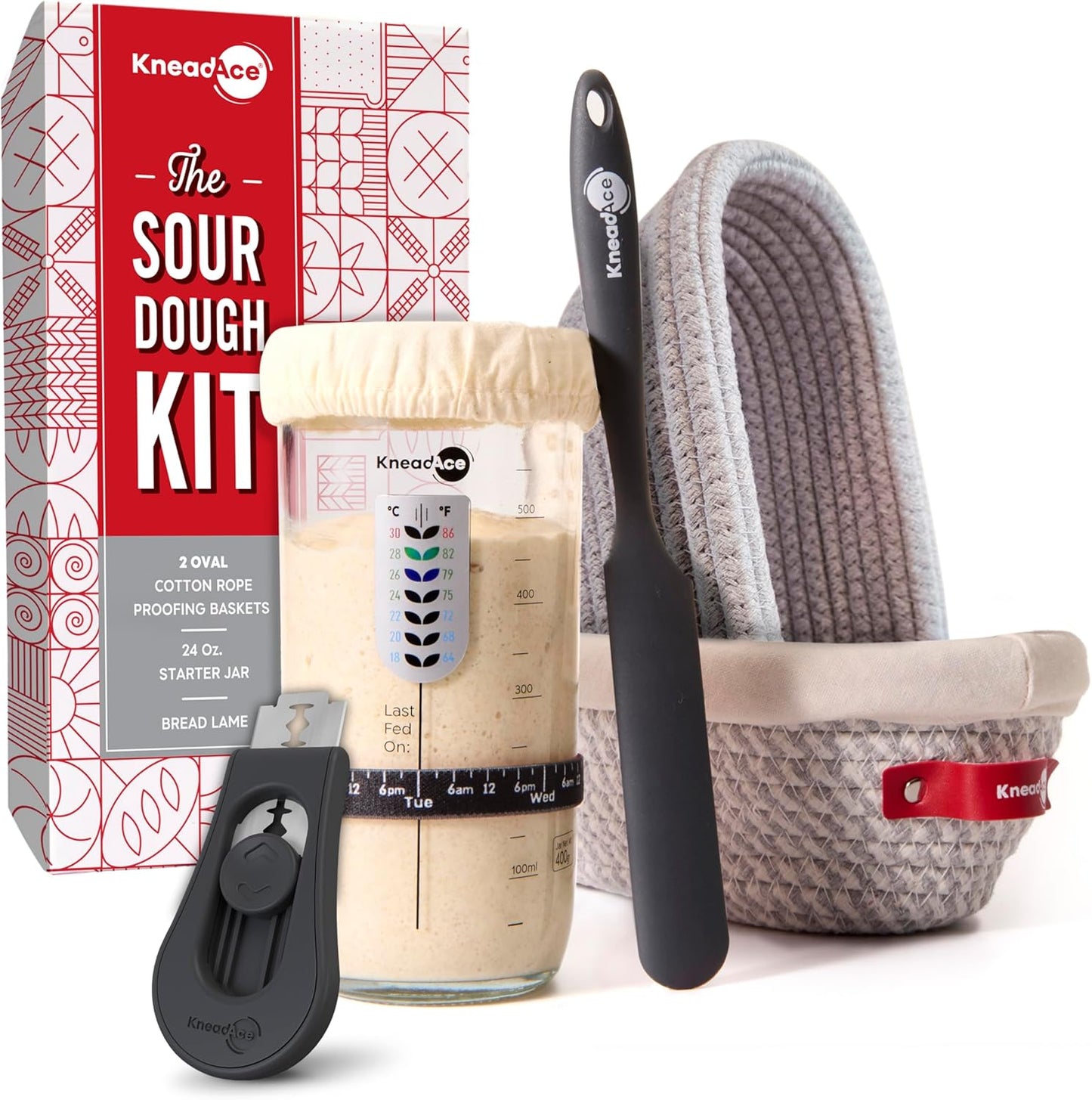 KneadAce Sourdough Starter Kit – 24oz Starter Jar, 2 Cotton Rope Banneton Proofing Baskets, Magnetic Bread Lame for Scoring – Gift for Bakers & Complete Sourdough Bread Baking Set