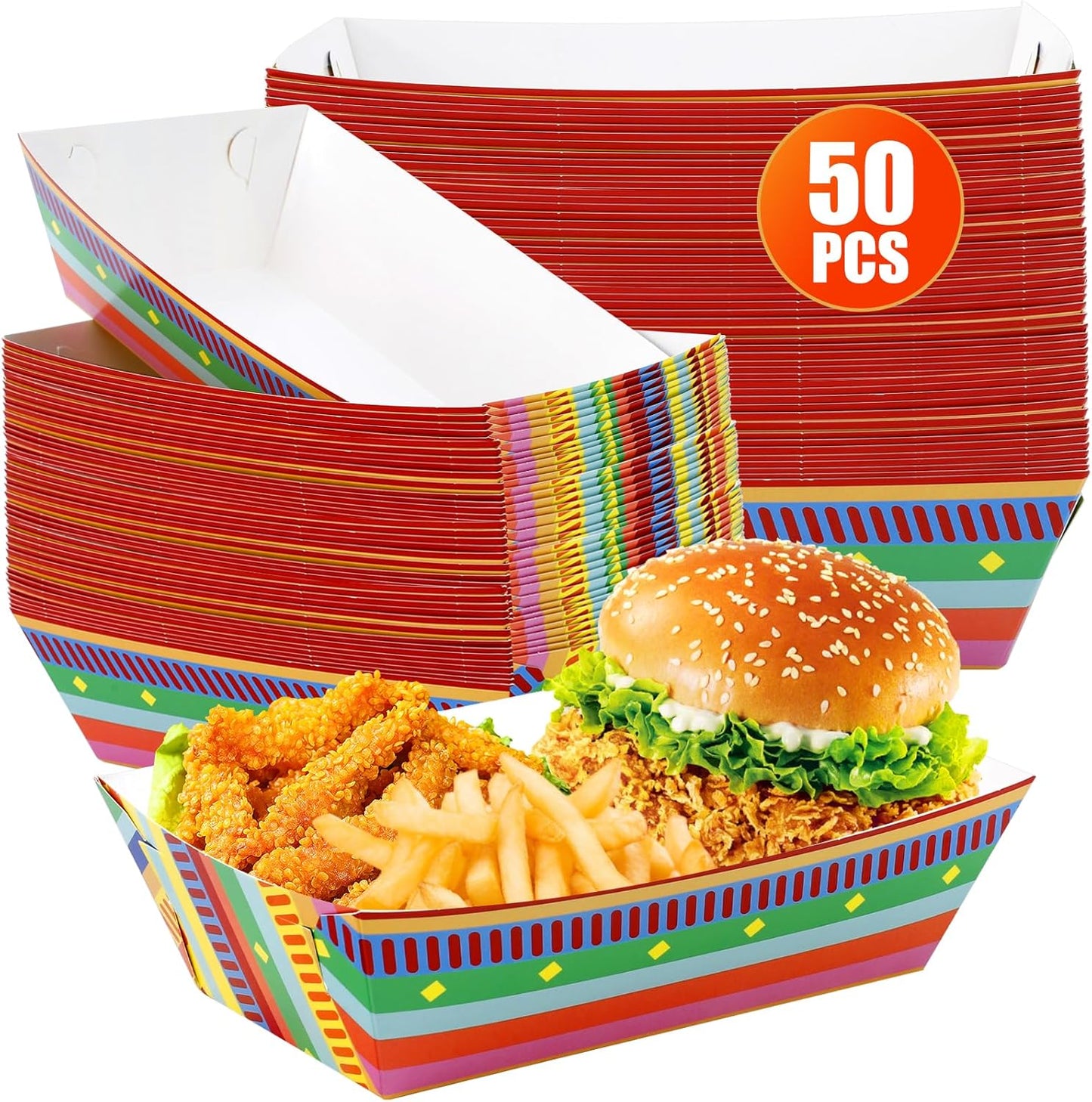 50 Pcs Paper Food Trays,Mexican Taco Nights Food Trays,Disposable Nacho Tray,Disposable Serving Boats,Assembled Tray Nacho Snack Holder for Cinco De Mayo Mexican Birthday Party Supplies