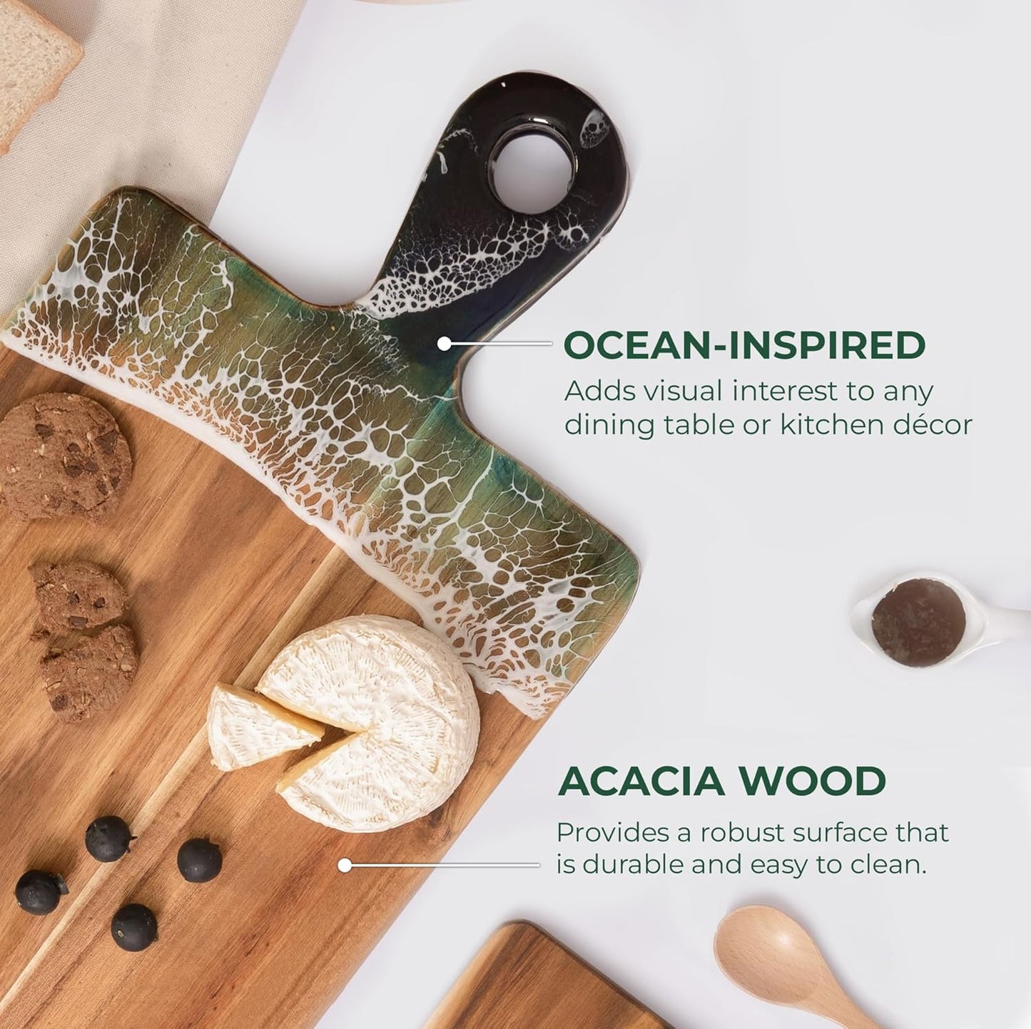 Acacia Wood Serving Board with Handle, 18.1" x 9.8", Dual-Sided Resin Art Tray for Display & Prep, Handcrafted Cutting Board, Includes Stand & Loofah, Christmas Housewarming Gift (Rectangular)
