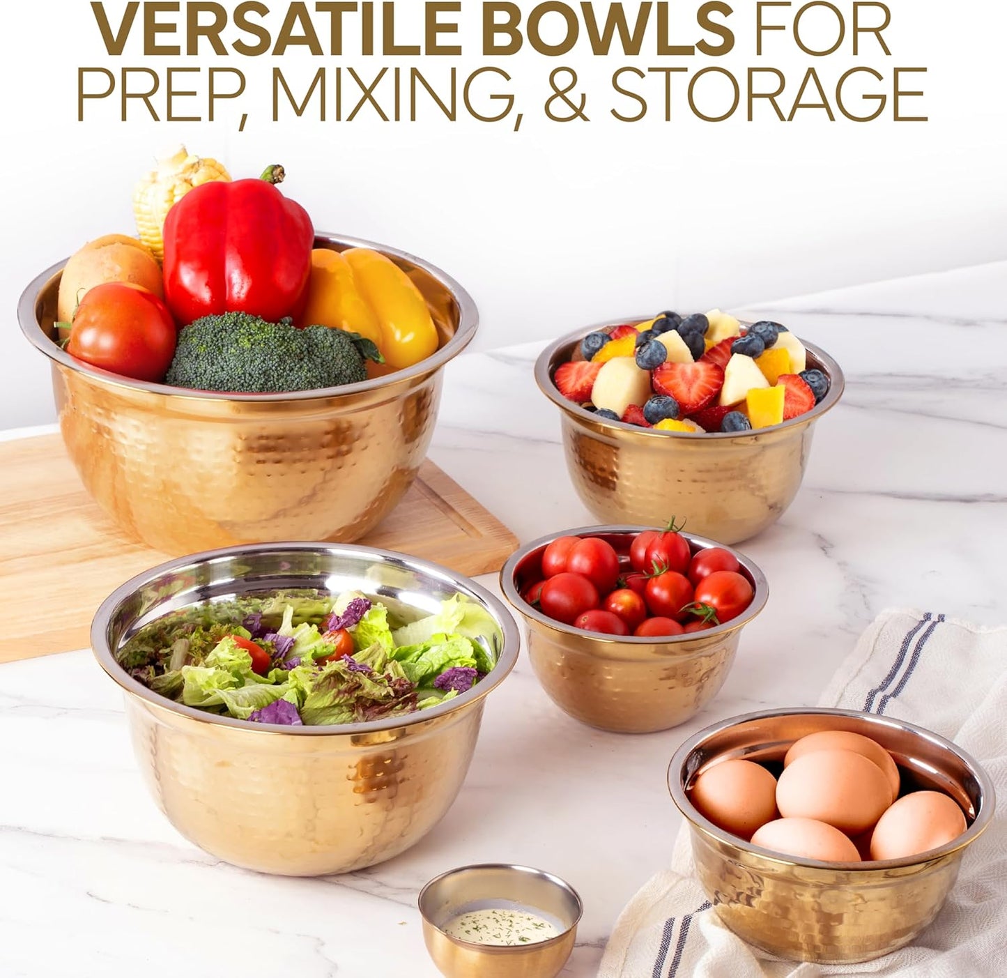 COOK WITH COLOR 18 Piece Mixing Bowls Set with Airtight Lids, Handcrafted Stainless Steel Bowls, Food Storage Containers, Meal Prep, Nesting Salad Bowls For Cooking, Baking, Kitchen, Gold- Hammered