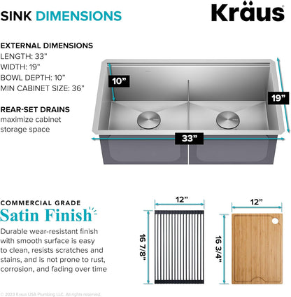KRAUS Kore 33-Inch Undermount Workstation 16 Gauge Double Bowl Stainless Steel Kitchen Sink with Accessories, KWU112-33
