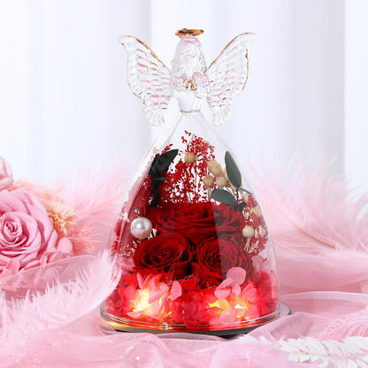 Christmas Rose Gifts for Women Preserved Real Flower in Glass Angel Figurines Roses for Delivery Prime Birthday Gifts for Mom Grandma Girlfriend Wife Her, Red Austin Roses