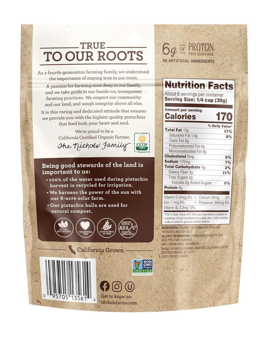 Nichols Farms Roasted with Sea Salt No Shell Pistachios, Kosher, USDA Certified Organic, Non-GMO, 6 Oz (Pack of 3)