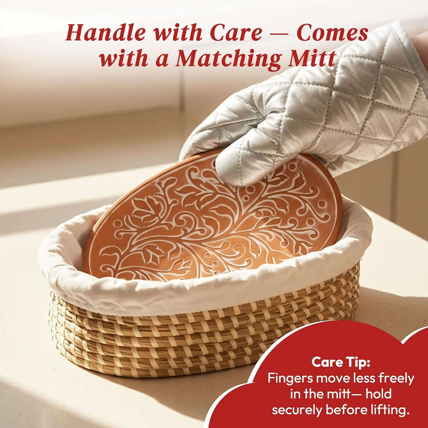 Bread Warmer Basket with Stone (Large Oval 13.8 x 9.5) - Bread Baskets for Serving with Liner, Lid & Heat-Resistant Glove, Terracotta Serving Basket for Rolls & Tortillas, Housewarming & Kitchen Gifts