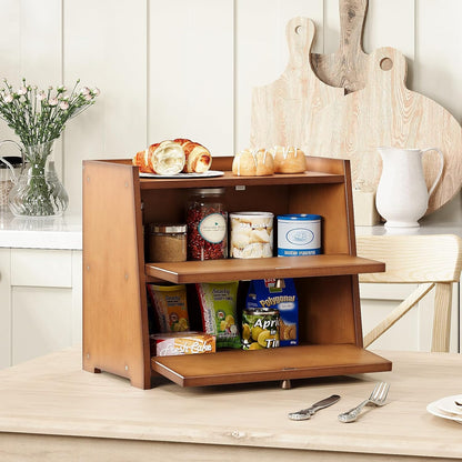 Vintage Double Layer Bread Box for Kitchen Counter Bamboo Bread Storage Container Large Capacity Bread Storage Bin