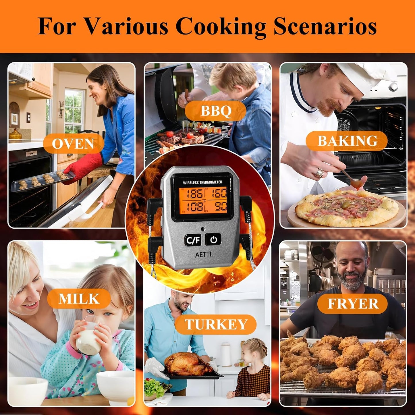 Wireless Digital Meat Thermometer,Instant Read Food Thermometer with LCD Display and 4 Stainless Probes,Advanced Electronic Thermometer Waterproof for BBQ Cooking Kitchen Outside Grill