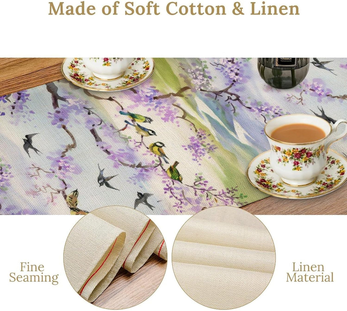 Watercolor Bird Landscape Table Runner, Chinoiserie Vintage Asian Landscape Mountain Spring Purple Table Runner for Kitchen Dining Table Decoration for Home Party 13x120 Inch