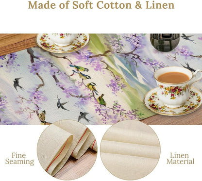 Watercolor Bird Landscape Table Runner, Chinoiserie Vintage Asian Landscape Mountain Spring Purple Table Runner for Kitchen Dining Table Decoration for Home Party 13x108 Inch