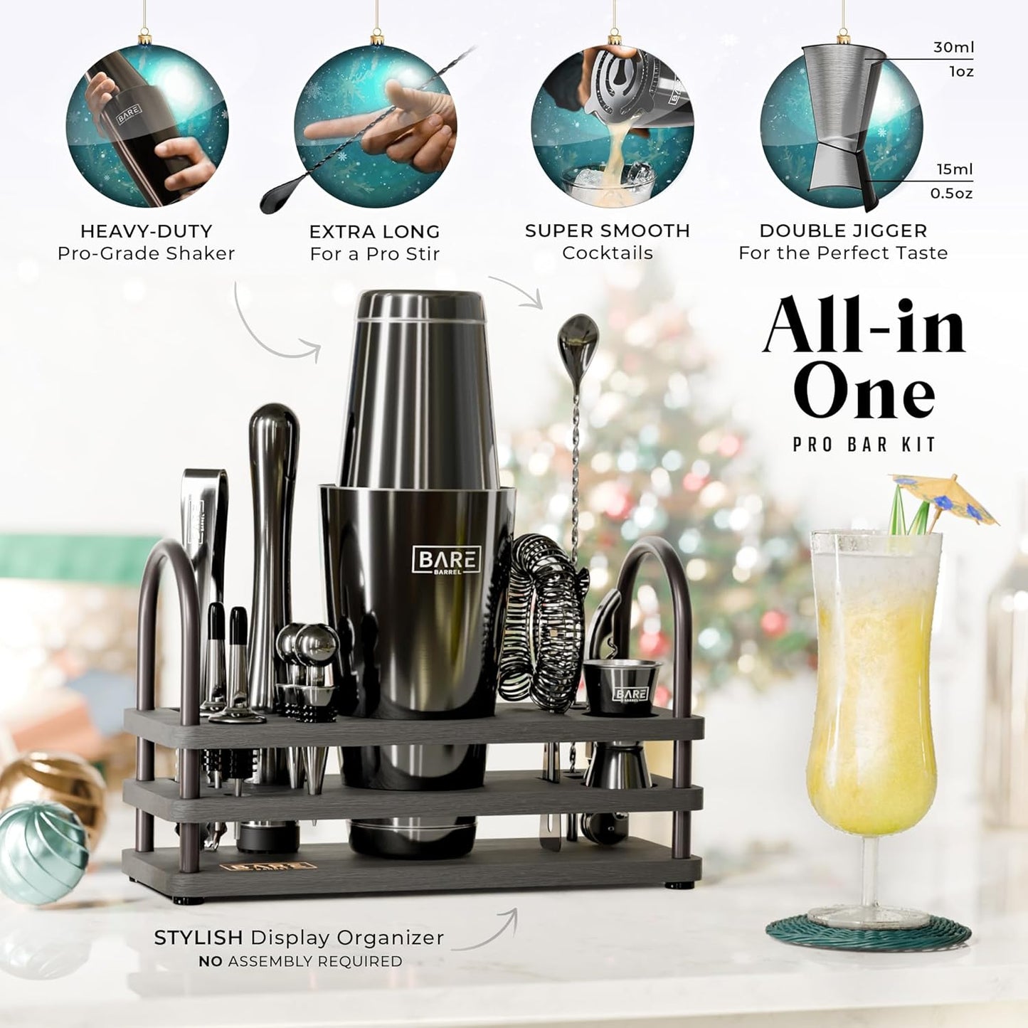 BARE BARREL® Mixology Bartender Kit Bar Set | 14-Piece Cocktail Shaker Set | Martini Barware Mixing Tools for Home Bartending | 35 Recipe Cards | Gift Set (28oz Boston Shaker, Jet Black/Black)