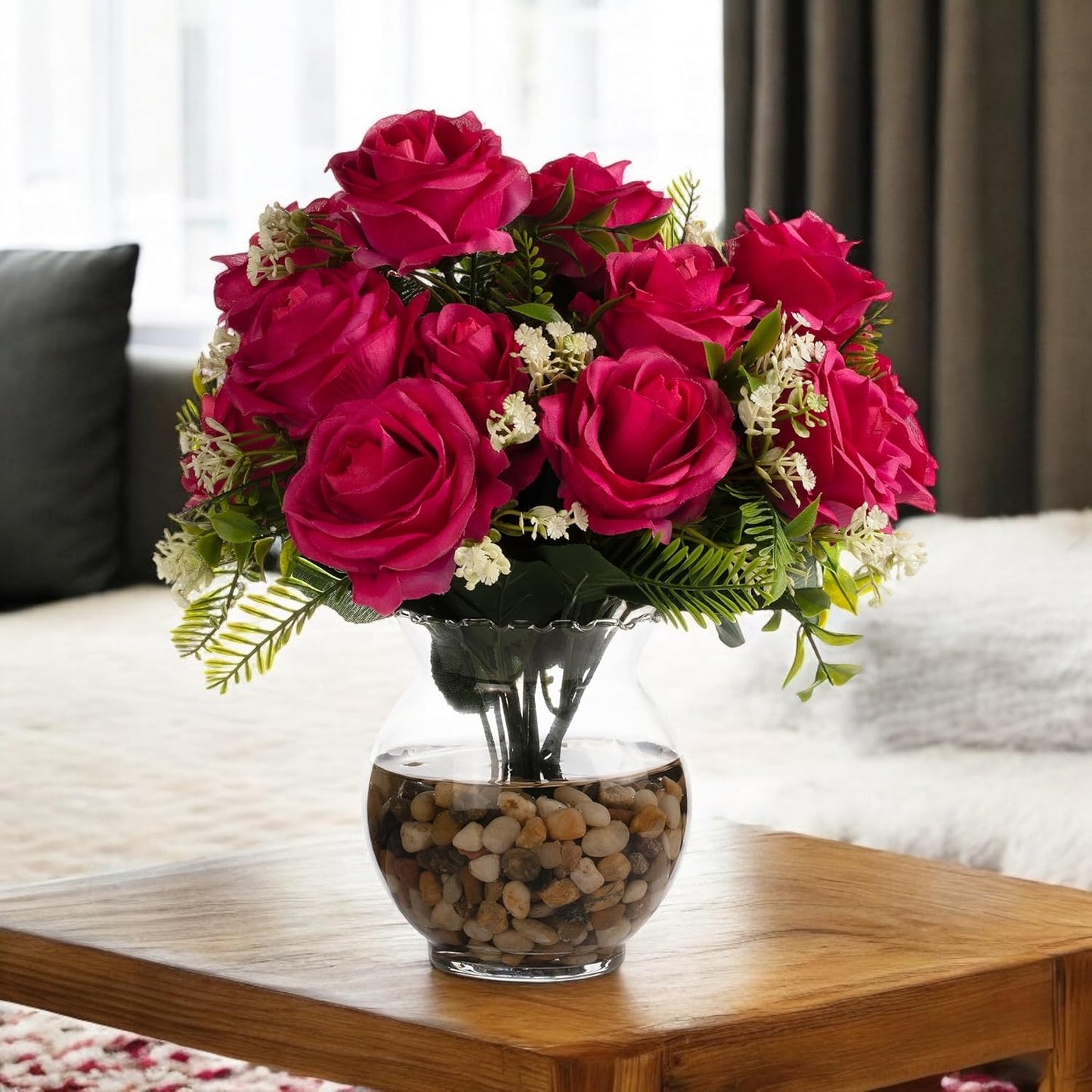 ENOVA FLORAL 18 Heads Silk Rose Artificial Flowers in Vase,Faux Rose Flowers Arrangement in Round Bowl Vase with Faux Water and River Rock for Table Decor Centerpieces (Fushia)