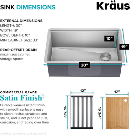 KRAUS Kore Workstation 30-inch Undermount 16 Gauge Stainless Steel Kitchen Sink, Single Bowl Kitchen Sink with Accessories, KWU110-30