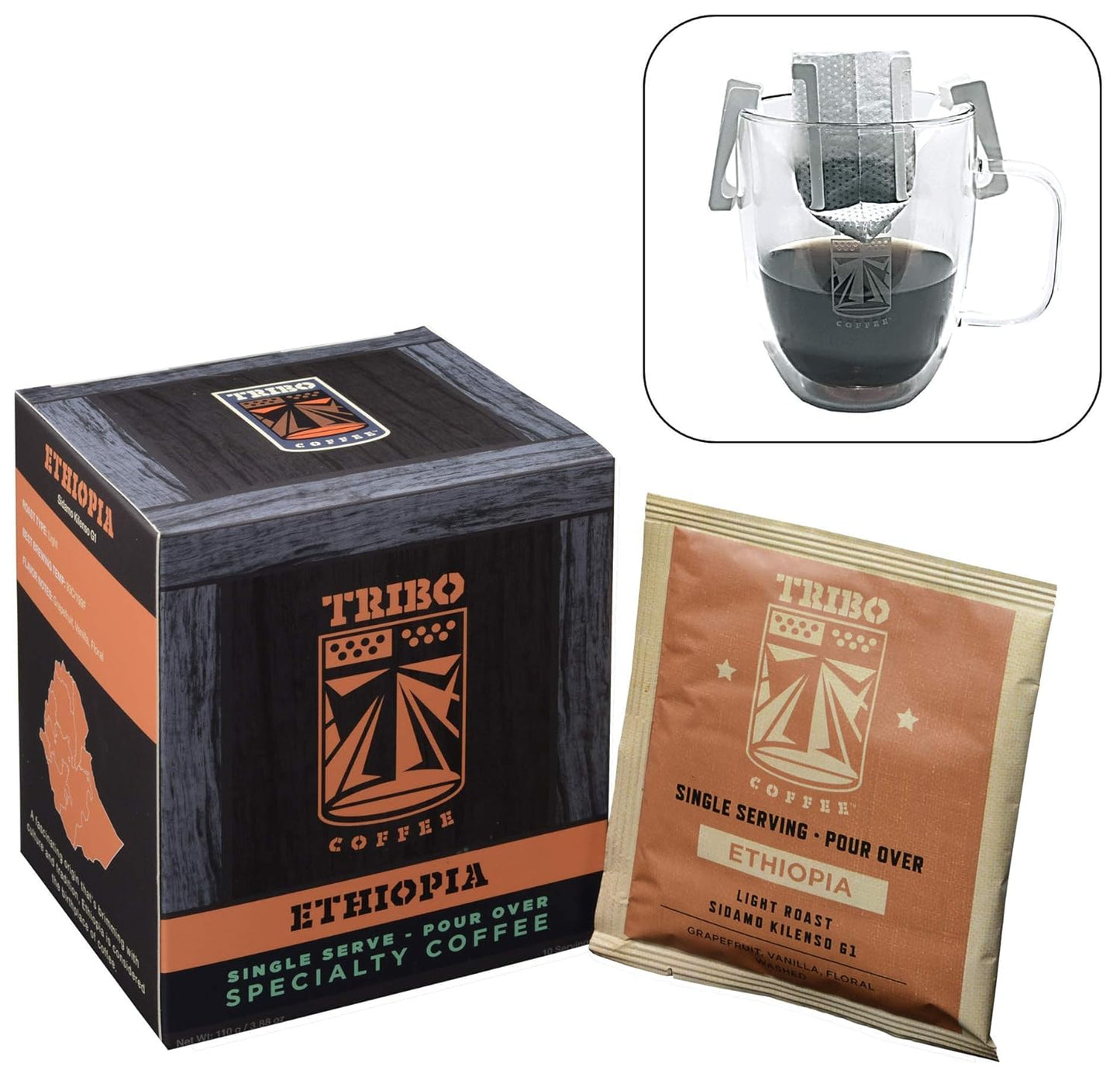 Tribo Coffee Single-Serve Portable Pour Over Drip Coffee - Ethiopia - 10 Servings (Light Roast)