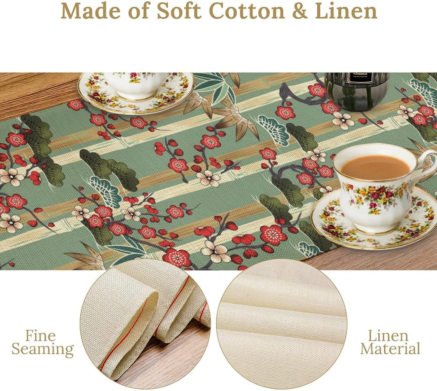 Bamboo Plum Blossom Table Runner, Chinese Janan Style Oriental Plants Traditional Culture Colorful Table Runner for Study Living Room Kitchen Bedroom Home Set, 13x120 Inch