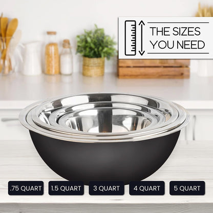 WHYSKO Meal Prep Stainless Steel Mixing Bowls Set, Home, Refrigerator, and Kitchen Food Storage Organizers | Ecofriendly, Reusable, Heavy Duty (Black)