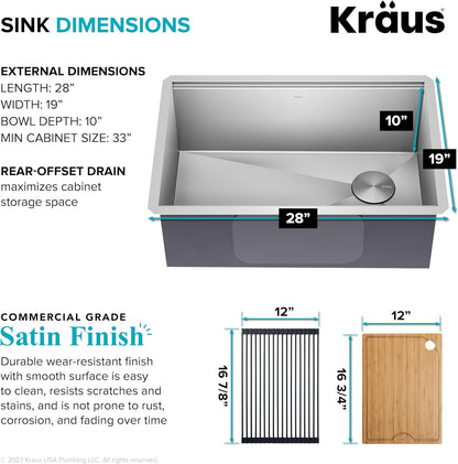 KRAUS Kore 28-Inch Undermount Workstation 16 Gauge Single Bowl Stainless Steel Kitchen Sink with Accessories, KWU110-28