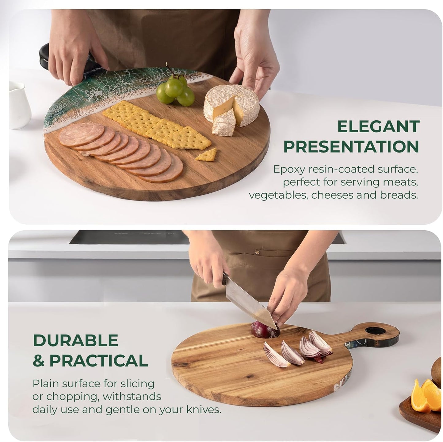 Acacia Wood Serving Board with Ocean Resin Art, 18.1" x 13" Charcuterie Cheese Tray for Display & Prep, Cutting Board on Back, Includes Stand & Loofah, Christmas Housewarming Gift (Round)