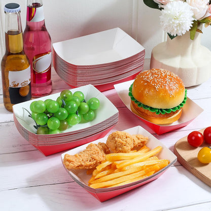 50 Pcs 2lb Paper Food Boat Trays Disposable，Snack Tray，Food Trays for Snack French Hot Dog Taco Popcorn Picnic party Wedding，Concession Stand Supplies (Red)