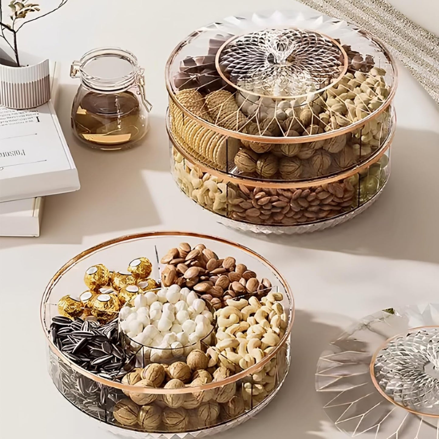 AVLA Rotating Snack Tray with Lid, 11.5" Plastic Divided Serving Dishes, Round Appetizer Platter, 6 Compartments Food Storage Organizer for Dried Fruits, Nuts, Candies, Veggie, Cookies(Clear)