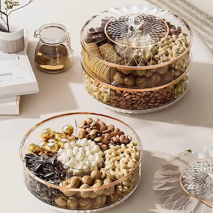 AVLA Rotating Snack Tray with Lid, 11.5" Plastic Divided Serving Dishes, Round Appetizer Platter, 6 Compartments Food Storage Organizer for Dried Fruits, Nuts, Candies, Veggie, Cookies(Clear)