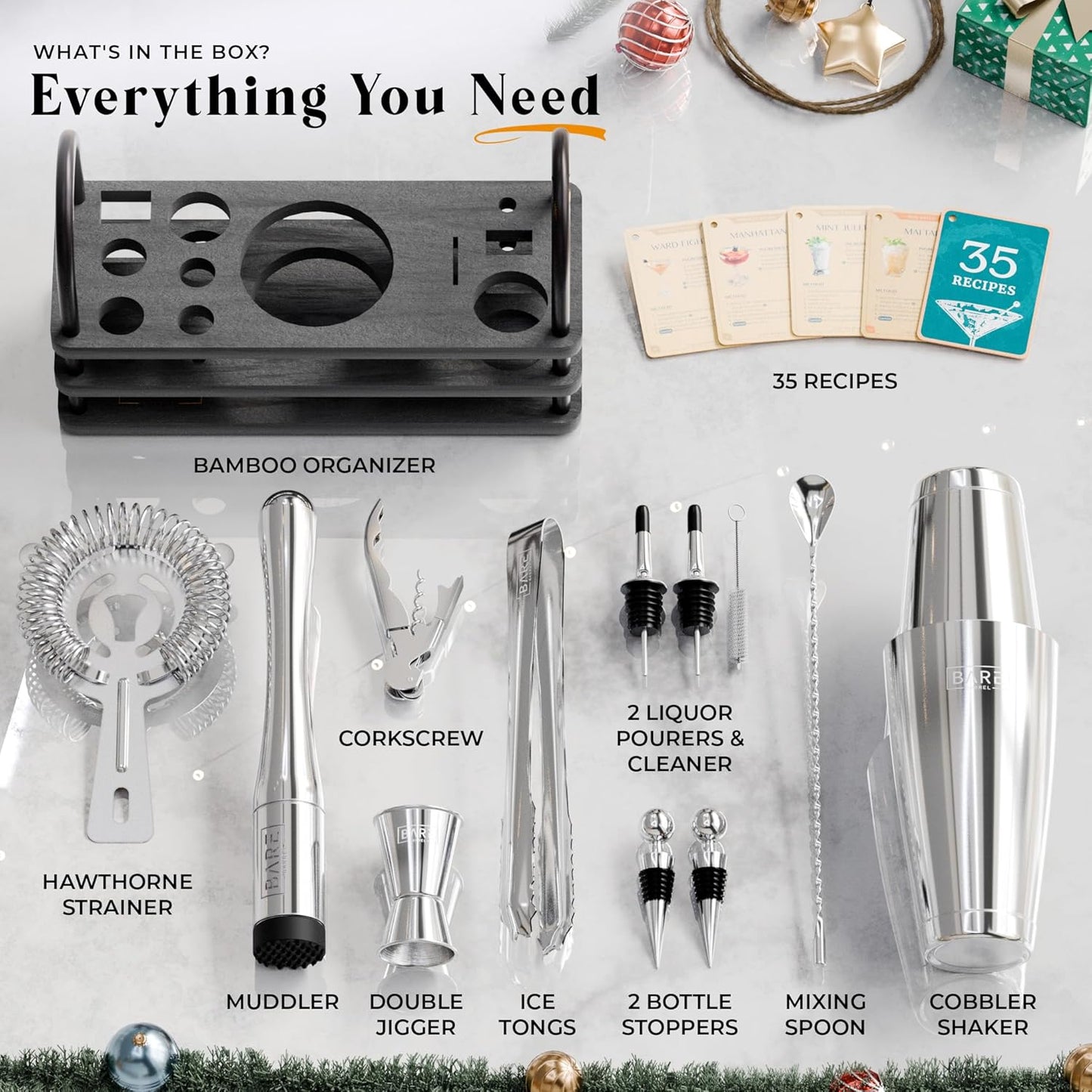BARE BARREL® Mixology Bartender Kit Bar Set | 14-Piece Cocktail Shaker Set | Martini Barware Mixing Tools for Home Bartending | 35 Recipe Cards | Gift Set (28oz Boston Shaker, Silver/Black)
