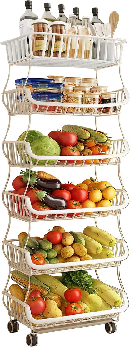 MURRI&MURRDI Fruit Vegetable Storage Basket with Wheels, 6 Tier Stackable Wire Storage Baskets, Tall Standing Produce Kitchen Rack Display, Narrow Rolling Cart for Pantry Onion Potato, White