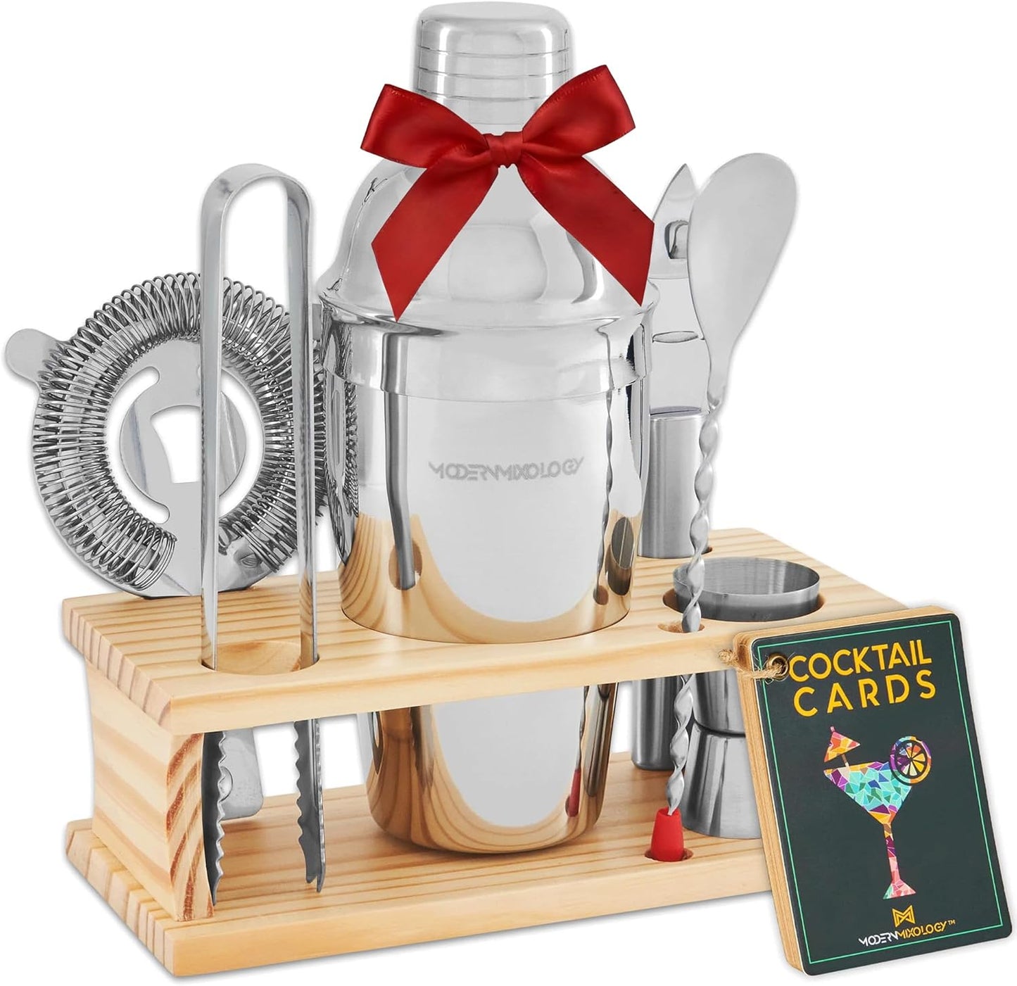 Modern Mixology Cocktail Shaker Set - 8 Piece Bartender Kit with Martini Shaker and Popular Bar Accessories on Quality Pine Stand - Leak Proof Design (Silver)