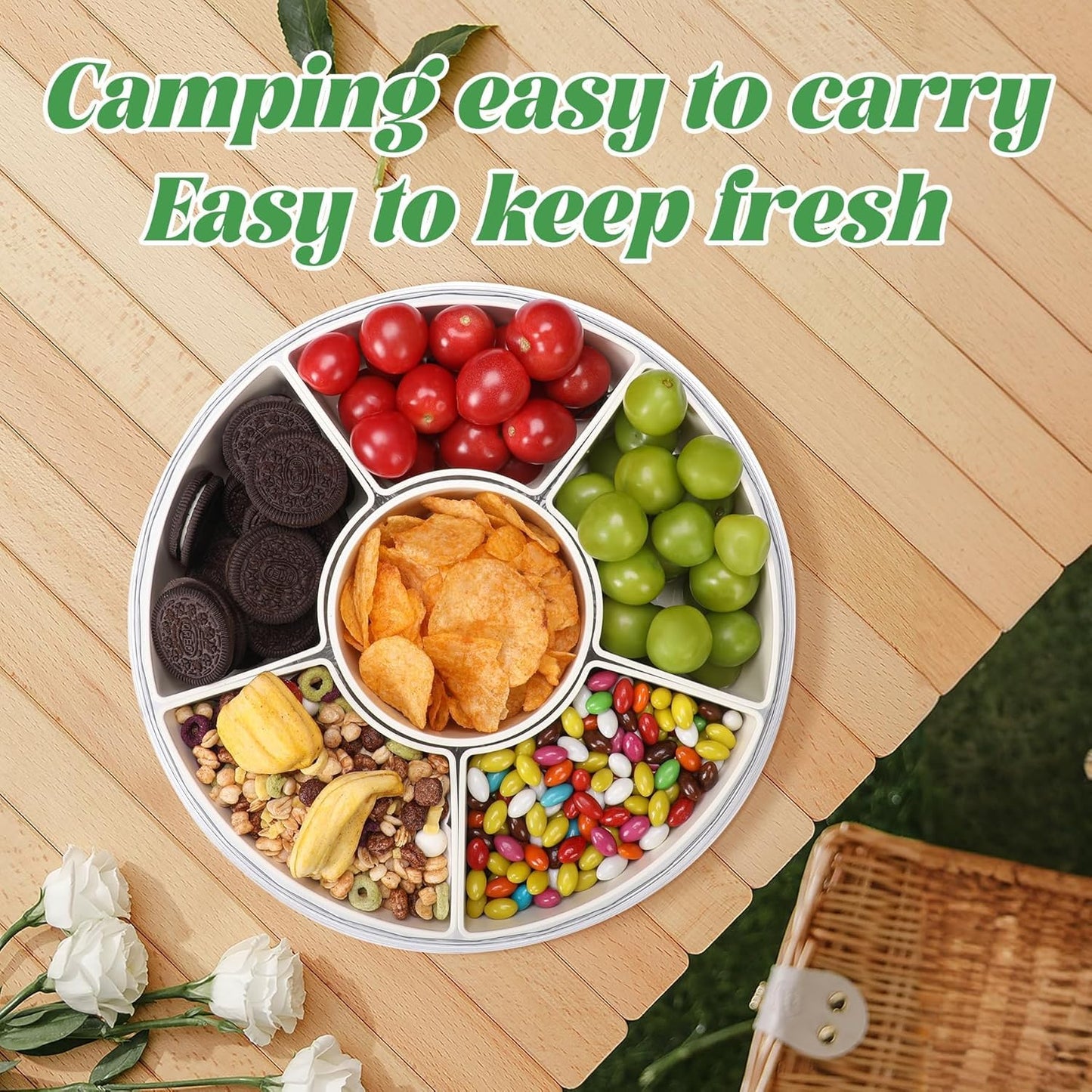 Snackle Box Container Divided Serving Tray with Lid, 6-Compartment Portable Spinning Round Stackable Container, Handle for Organize Veggies, Fruit, Candy, Party Snacks, Nuts, Kitchen Party Essentials