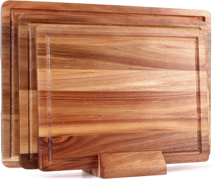 Extra Large Acacia Wood Cutting Board Set of 3 Wooden Chopping Board With Holder Fruit Cutting Boards Charcuterie Boards for Kitchen Bread Cheese Serving Board Meat Cutting Board Carving Board