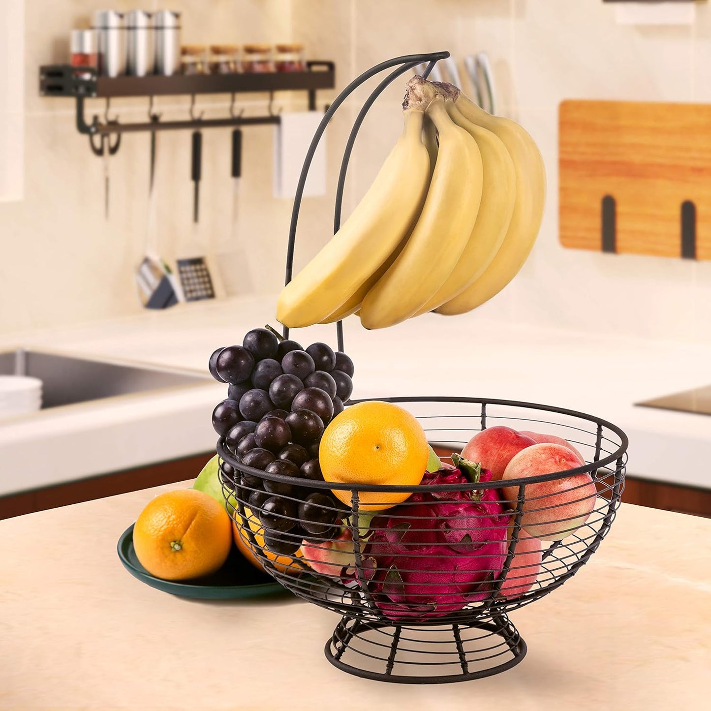 [ Extra Large ] TIEYIPIN Fruit Basket Bowl with Banana Hanger, Detachable Wire Banana Holder Hook Kitchen Storage Baskets Stand - Brown