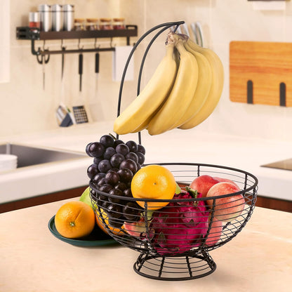 [ Extra Large ] TIEYIPIN Fruit Basket Bowl with Banana Hanger, Detachable Wire Banana Holder Hook Kitchen Storage Baskets Stand - Brown