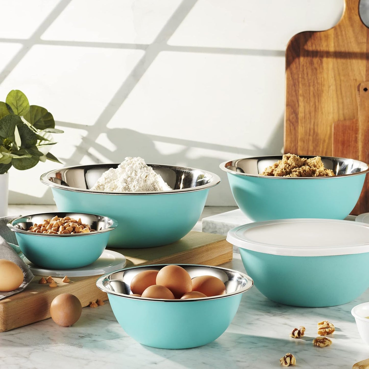 WHYSKO Stainless Steel Mixing Bowls With Lids Set, 5 Sizes Nesting Mixing Bowls for Your Kitchen Meal Prep, Cooking, Baking, and Food Storage (Blue Bowls with White Lids)